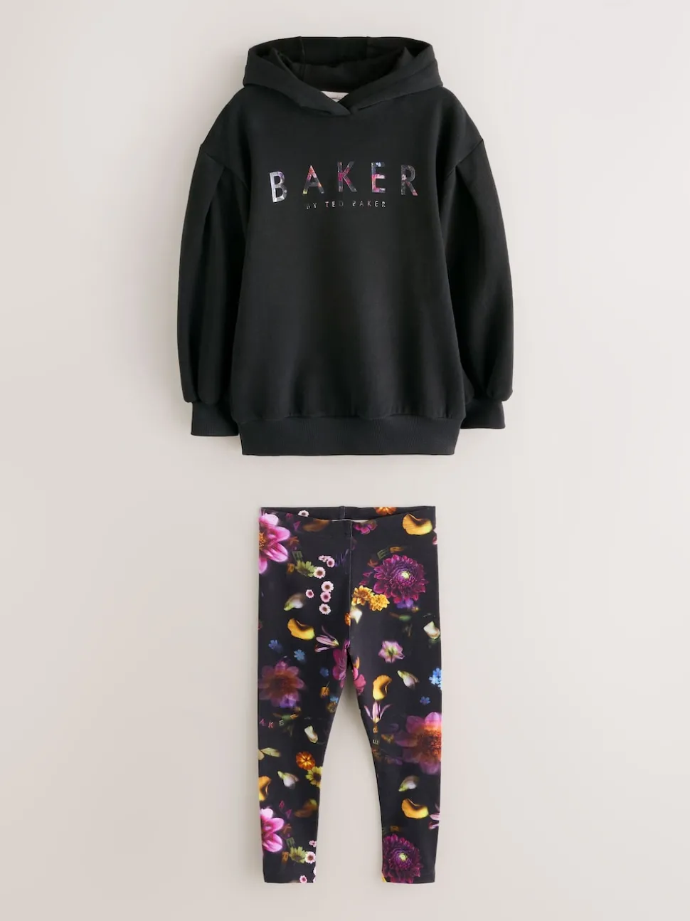 Baker by Ted Baker 2 Piece Longline Black Hoodie and Printed Leggings Set