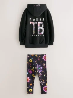Baker by Ted Baker 2 Piece Longline Black Hoodie and Printed Leggings Set