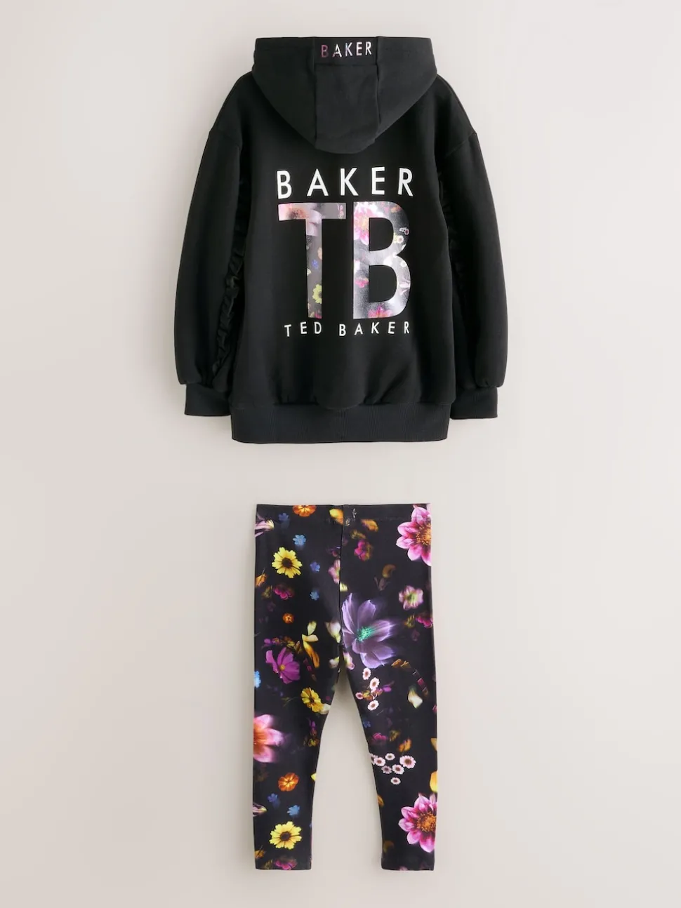 Baker by Ted Baker 2 Piece Longline Black Hoodie and Printed Leggings Set