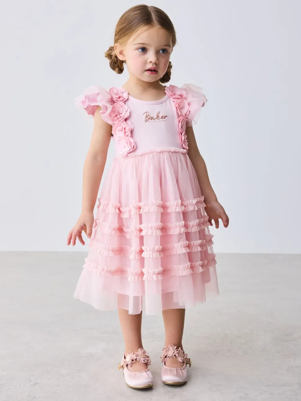 Baker by Ted Baker Pink 3D Corsage Mesh Tier Dress