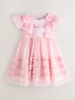 Baker by Ted Baker Pink 3D Corsage Mesh Tier Dress