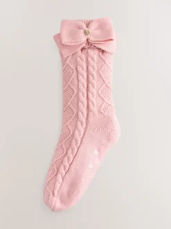 Baker by Ted Baker Pink Girls Cable Knitted Cosy Slipper Socks with Bow