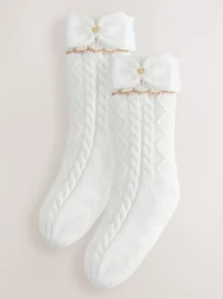 Baker by Ted Baker Pink Girls Cable Knitted Cosy Slipper Socks with Bow