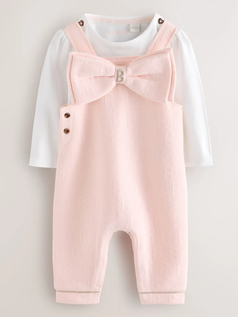 Baker by Ted Baker Pink Jacquard Bow Dungarees & T-Shirt Set