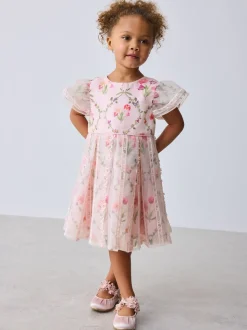 Baker by Ted Baker Pink Organza Floral Trellis Lace Overlay Dress