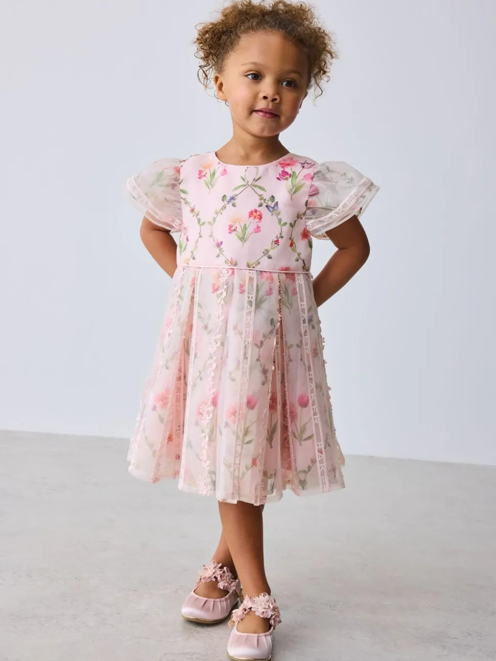 Baker by Ted Baker Pink Organza Floral Trellis Lace Overlay Dress