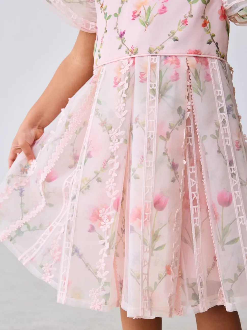 Baker by Ted Baker Pink Organza Floral Trellis Lace Overlay Dress