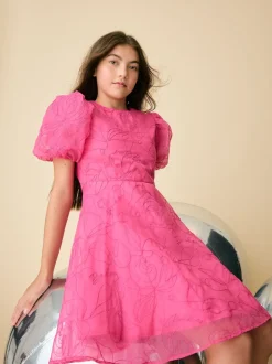 Baker by Ted Baker Pink Organza Cord Puff Sleeve Occasion Dress & Scrunchie Set