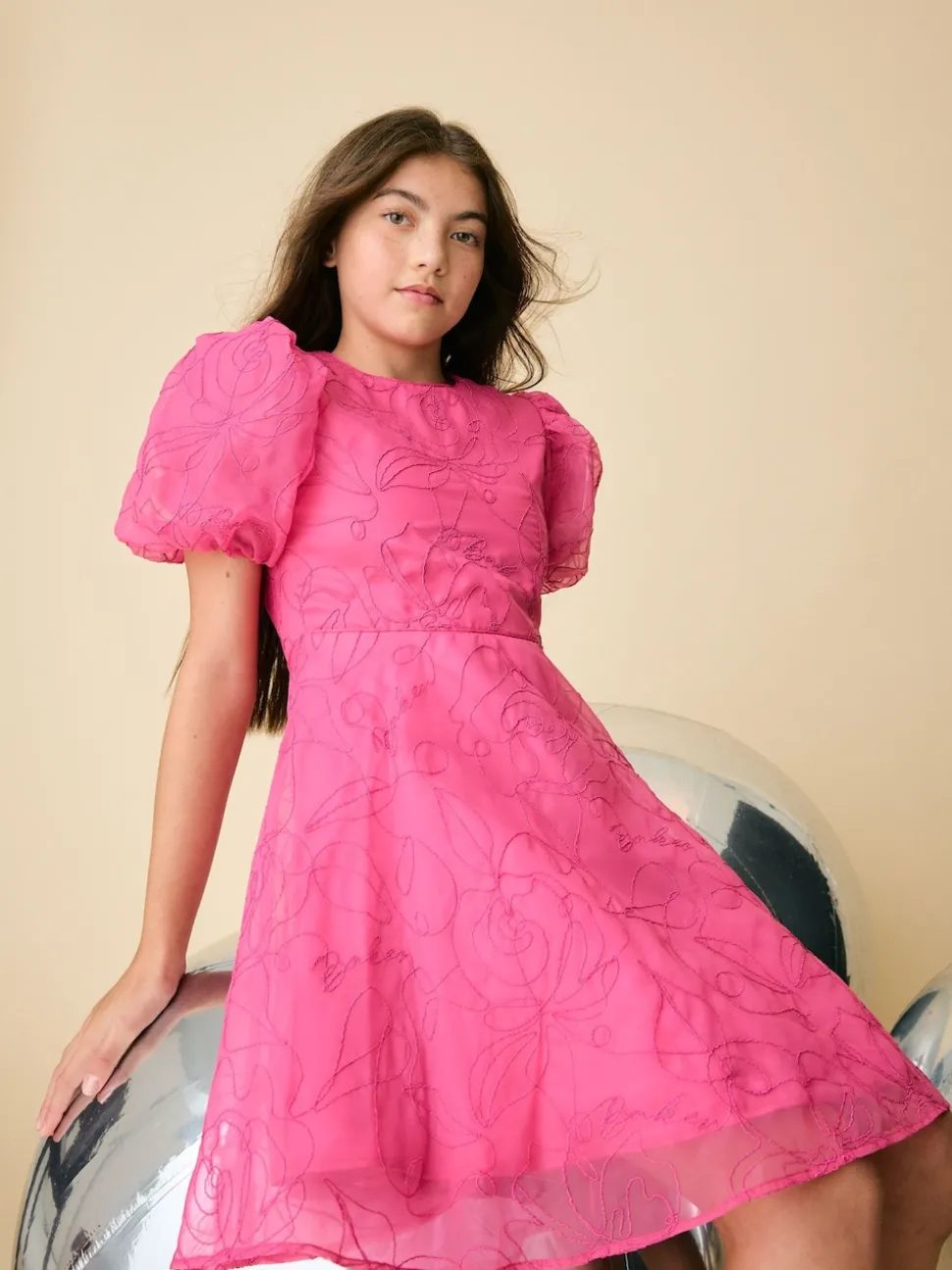 Baker by Ted Baker Pink Organza Cord Puff Sleeve Occasion Dress & Scrunchie Set