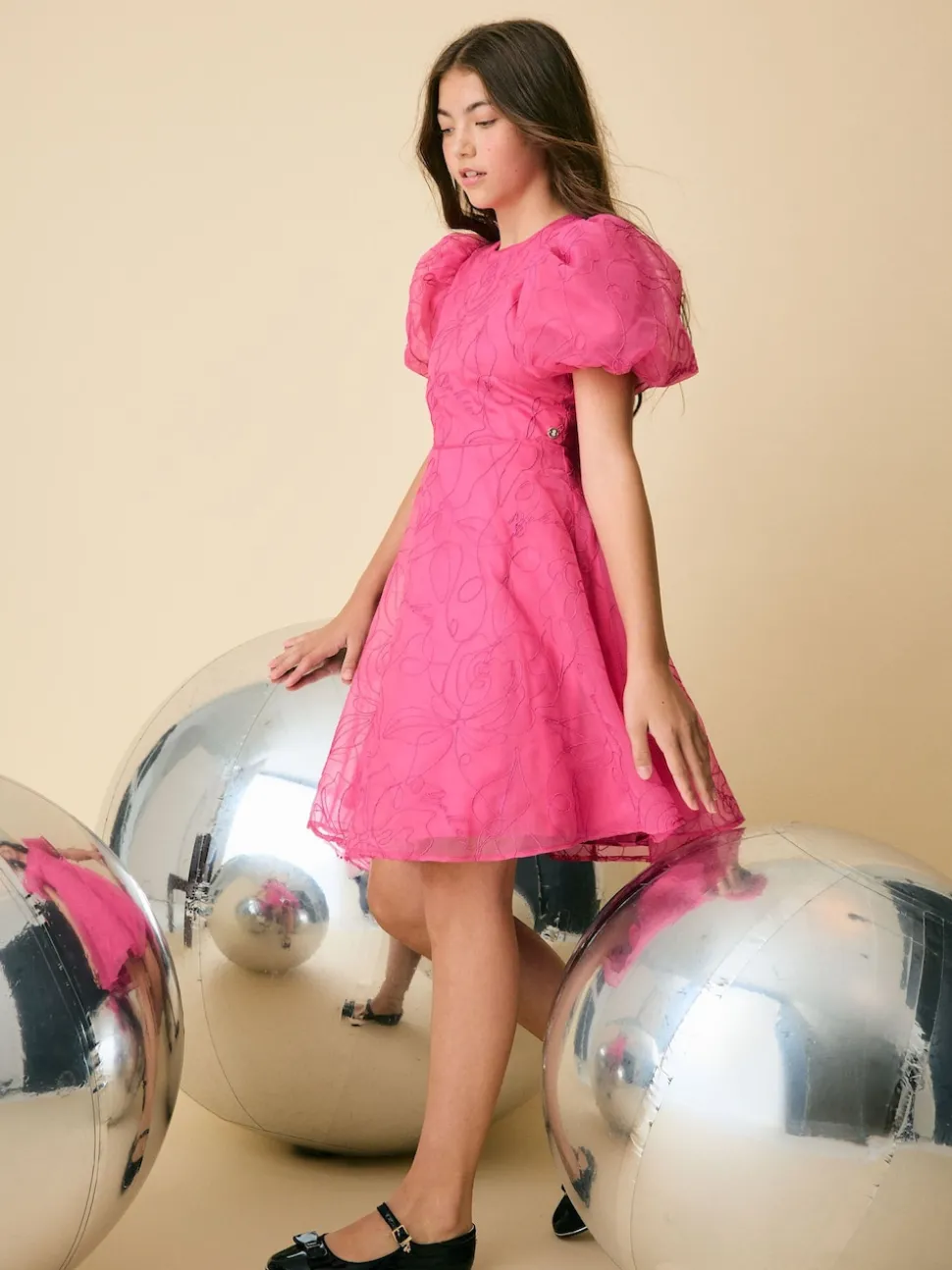 Baker by Ted Baker Pink Organza Cord Puff Sleeve Occasion Dress & Scrunchie Set