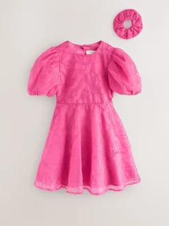 Baker by Ted Baker Pink Organza Cord Puff Sleeve Occasion Dress & Scrunchie Set