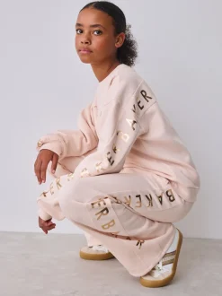 Baker by Ted Baker Pink 2 Piece Metallic Side Graphic Sweat & Wide Leg Joggers Set