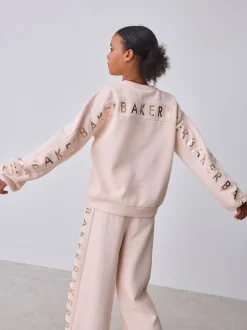 Baker by Ted Baker Pink 2 Piece Metallic Side Graphic Sweat & Wide Leg Joggers Set