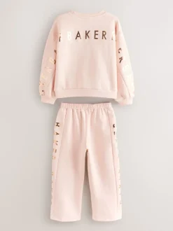 Baker by Ted Baker Pink 2 Piece Metallic Side Graphic Sweat & Wide Leg Joggers Set