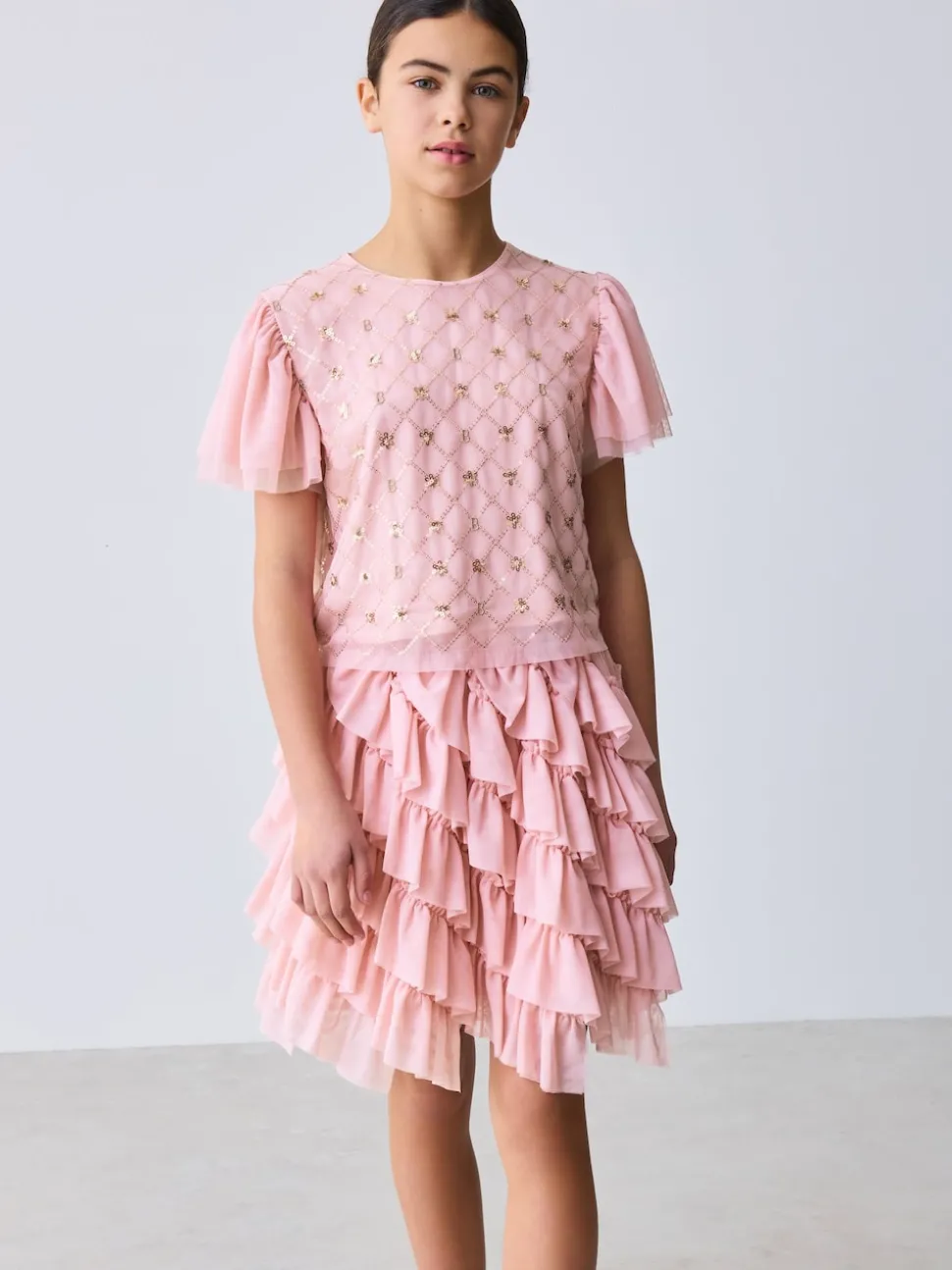 Baker by Ted Baker Pink 2 Piece Sequin Mesh Top & Ruffle Tier Skirt Set
