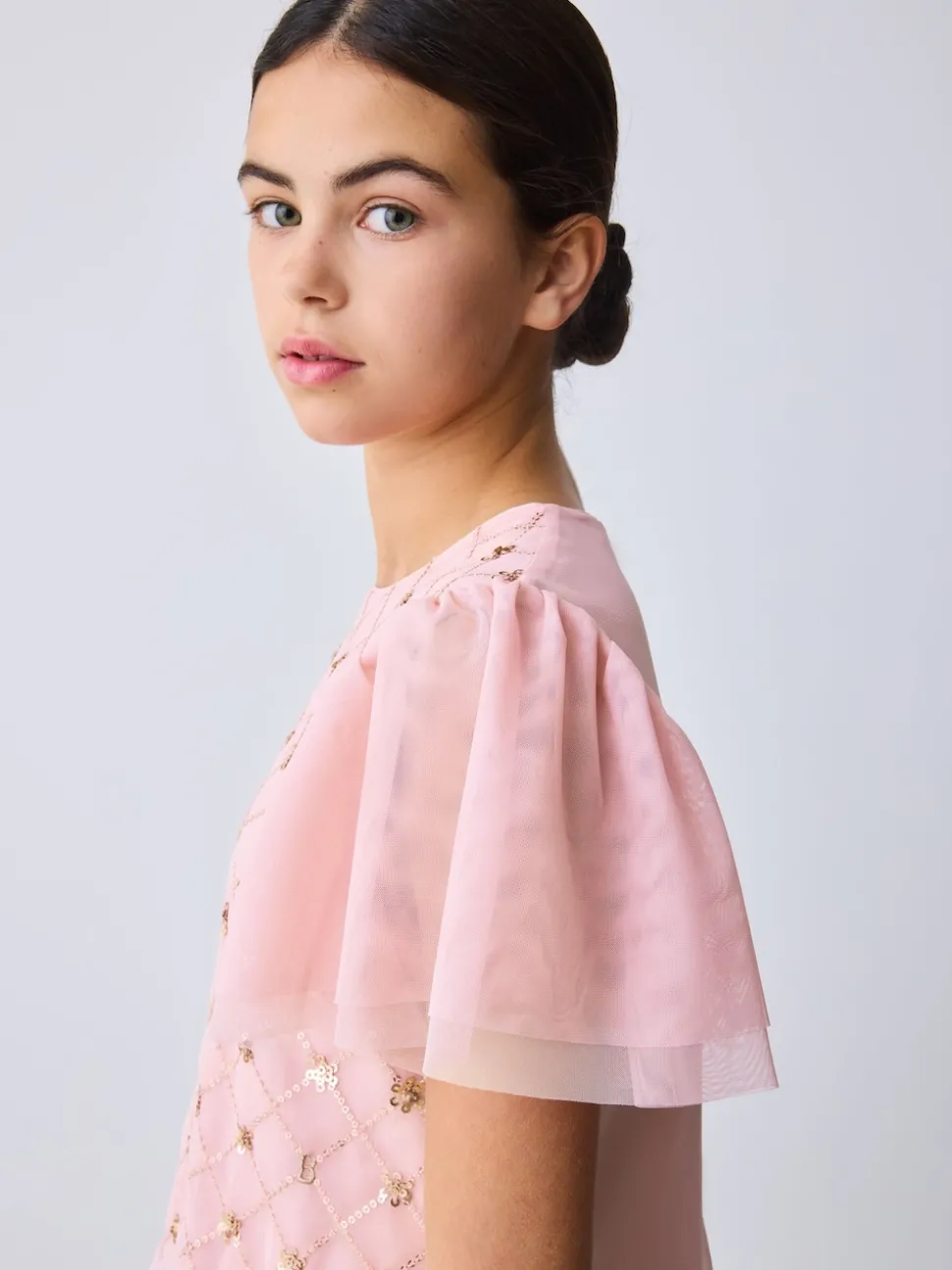 Baker by Ted Baker Pink 2 Piece Sequin Mesh Top & Ruffle Tier Skirt Set