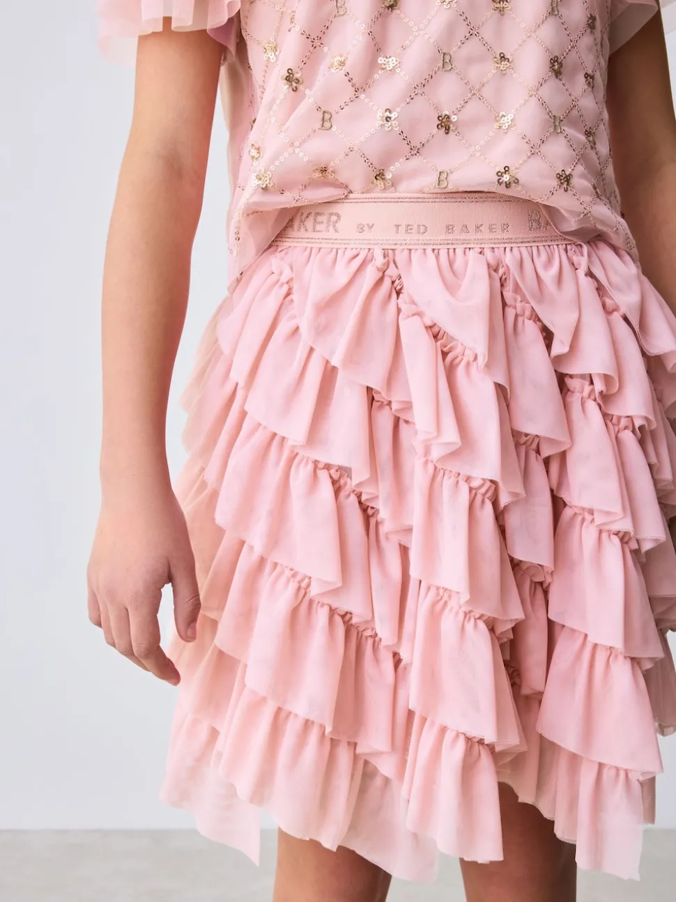 Baker by Ted Baker Pink 2 Piece Sequin Mesh Top & Ruffle Tier Skirt Set