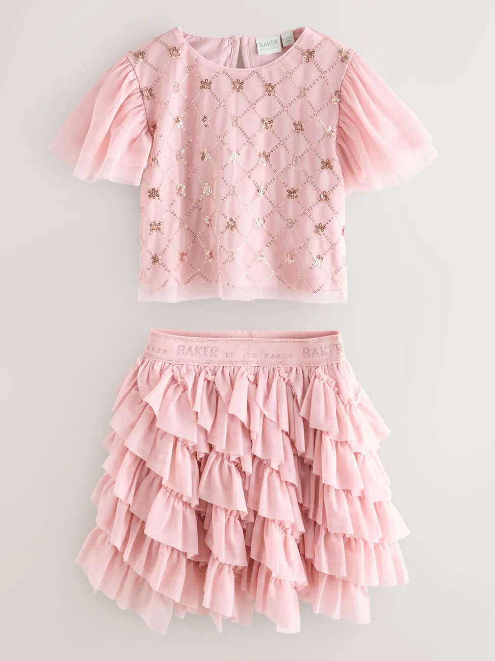 Baker by Ted Baker Pink 2 Piece Sequin Mesh Top & Ruffle Tier Skirt Set