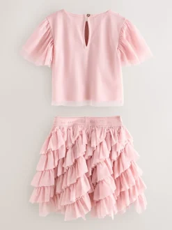 Baker by Ted Baker Pink 2 Piece Sequin Mesh Top & Ruffle Tier Skirt Set