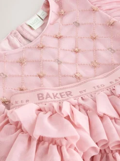 Baker by Ted Baker Pink 2 Piece Sequin Mesh Top & Ruffle Tier Skirt Set