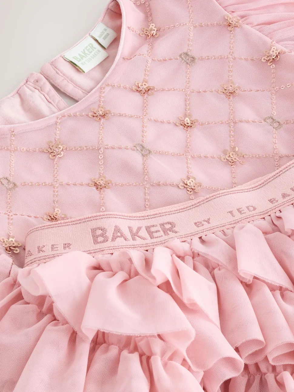 Baker by Ted Baker Pink 2 Piece Sequin Mesh Top & Ruffle Tier Skirt Set