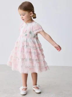 Baker by Ted Baker Pink Ruffle Mesh Floral Printed Dress