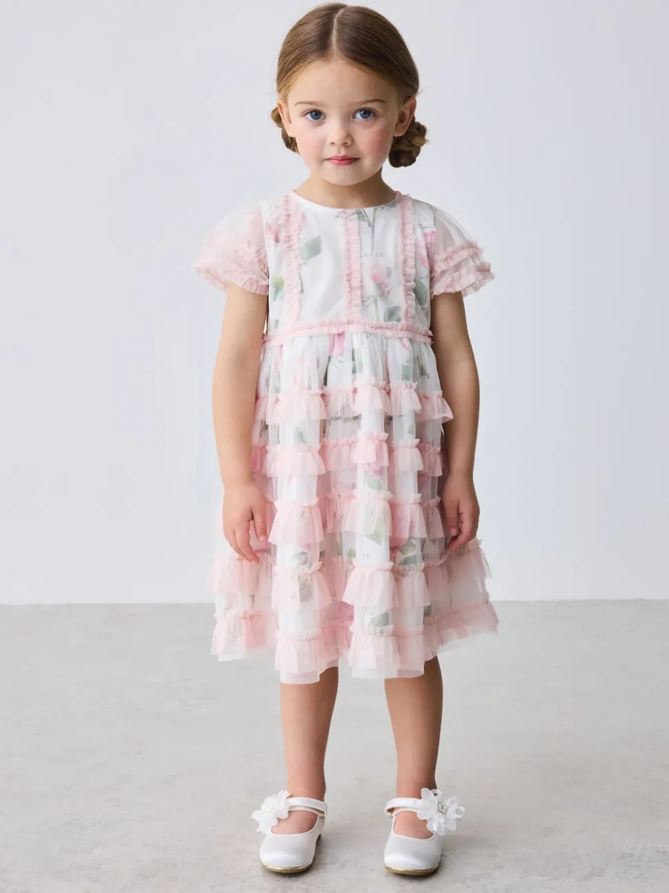 Baker by Ted Baker Pink Ruffle Mesh Floral Printed Dress