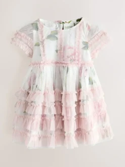 Baker by Ted Baker Pink Ruffle Mesh Floral Printed Dress