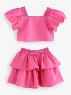 Baker by Ted Baker Pink Woven Puff Sleeve Top and Tier Skirt Set 2 Piece