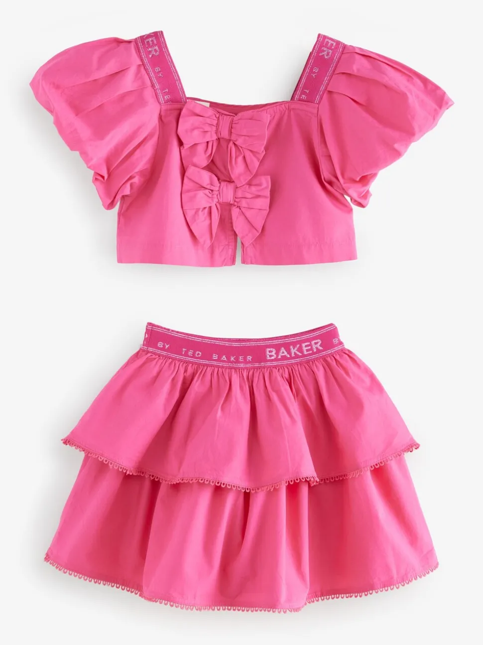 Baker by Ted Baker Pink Woven Puff Sleeve Top and Tier Skirt Set 2 Piece