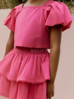 Baker by Ted Baker Pink Woven Puff Sleeve Top and Tier Skirt Set 2 Piece