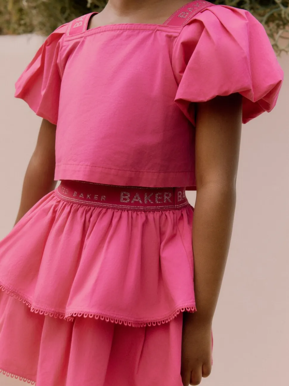 Baker by Ted Baker Pink Woven Puff Sleeve Top and Tier Skirt Set 2 Piece