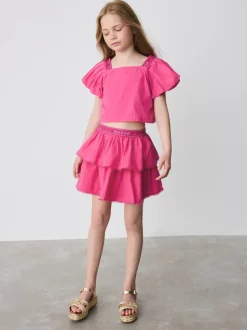 Baker by Ted Baker Pink Woven Puff Sleeve Top and Tier Skirt Set 2 Piece