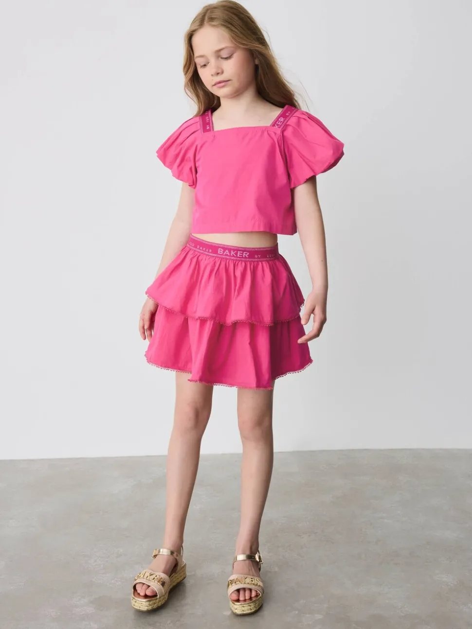 Baker by Ted Baker Pink Woven Puff Sleeve Top and Tier Skirt Set 2 Piece