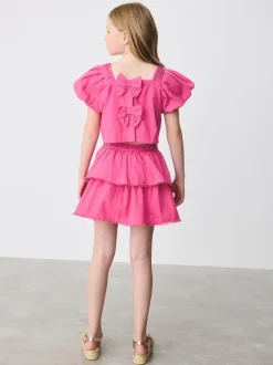 Baker by Ted Baker Pink Woven Puff Sleeve Top and Tier Skirt Set 2 Piece