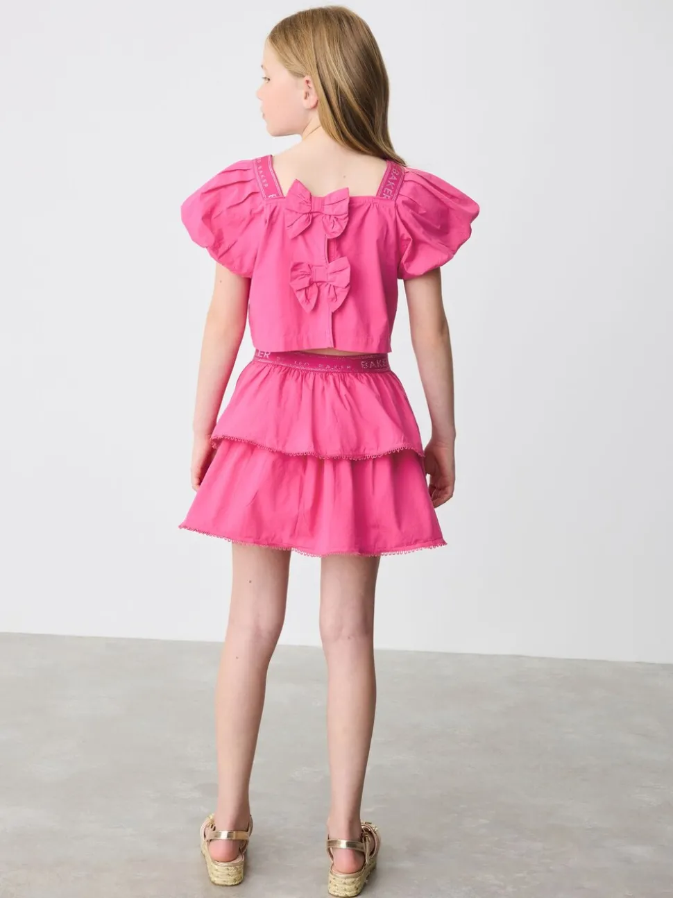 Baker by Ted Baker Pink Woven Puff Sleeve Top and Tier Skirt Set 2 Piece