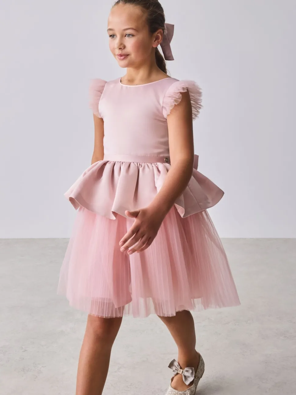 Baker by Ted Baker Satin Bow Back Peplum Tulle Occasion Dress & Scrunchie