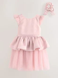 Baker by Ted Baker Satin Bow Back Peplum Tulle Occasion Dress & Scrunchie