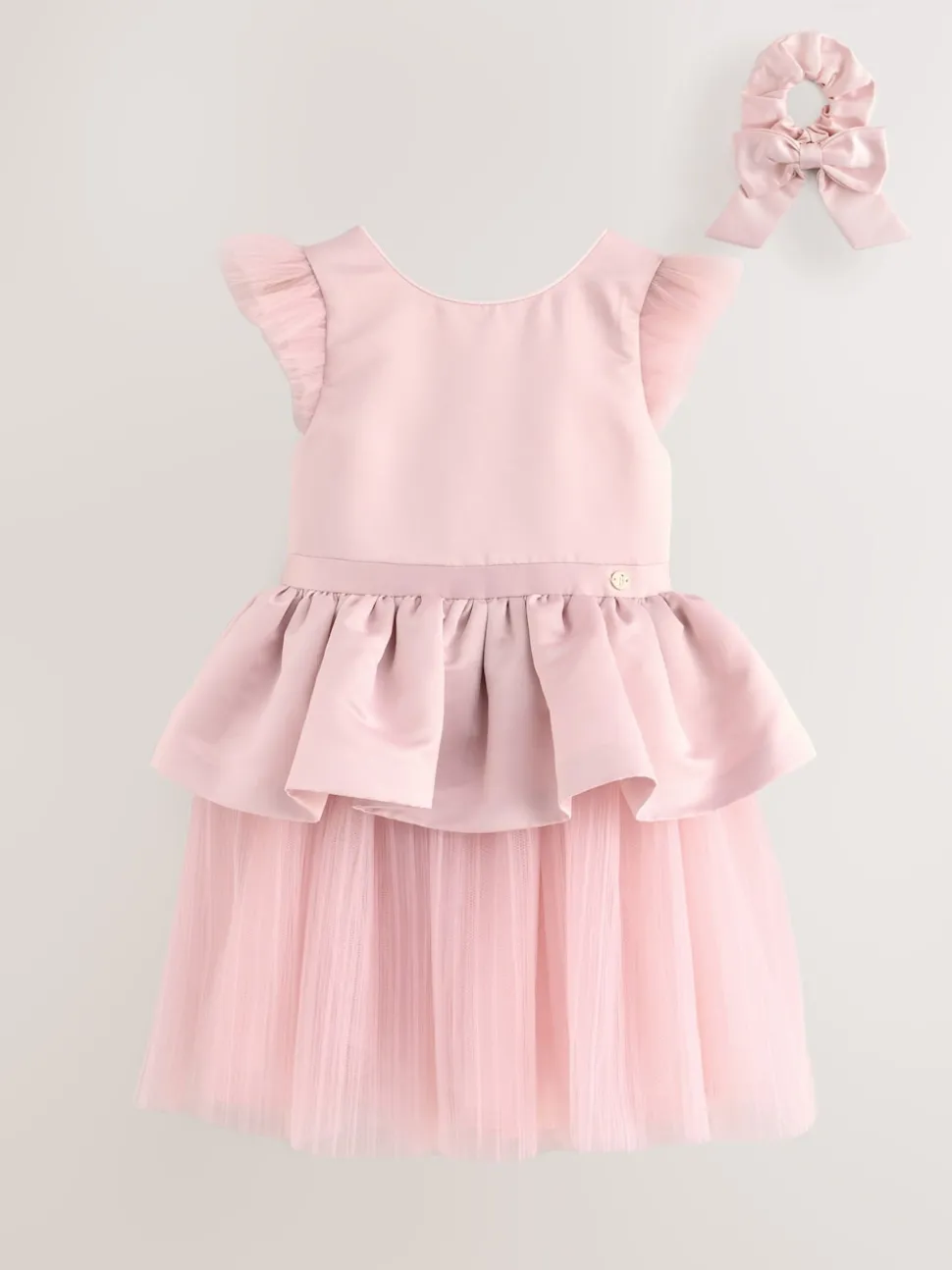 Baker by Ted Baker Satin Bow Back Peplum Tulle Occasion Dress & Scrunchie