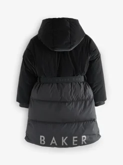 Baker by Ted Baker Shower Resistant Longline Belted Padded Black Parka