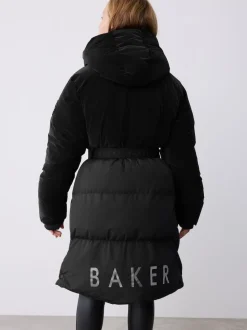 Baker by Ted Baker Shower Resistant Longline Belted Padded Black Parka