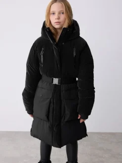 Baker by Ted Baker Shower Resistant Longline Belted Padded Black Parka