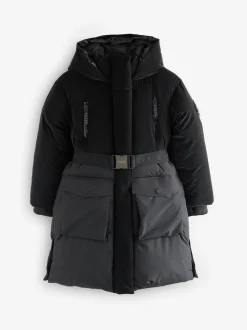 Baker by Ted Baker Shower Resistant Longline Belted Padded Black Parka