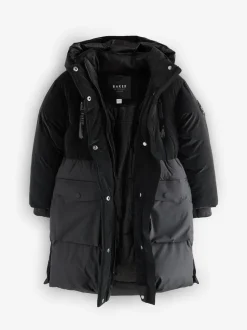 Baker by Ted Baker Shower Resistant Longline Belted Padded Black Parka