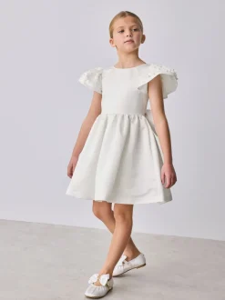 Baker by Ted Baker White Pearl Sleeve Satin Occasion Dress & Scrunchie