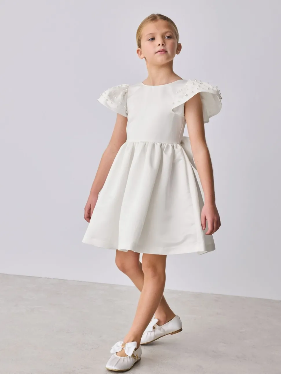 Baker by Ted Baker White Pearl Sleeve Satin Occasion Dress & Scrunchie