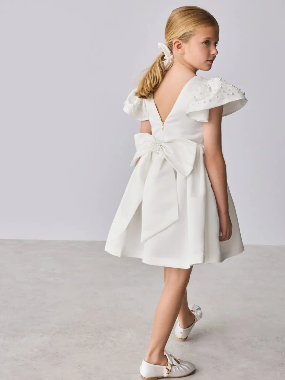 Baker by Ted Baker White Pearl Sleeve Satin Occasion Dress & Scrunchie