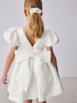 Baker by Ted Baker White Pearl Sleeve Satin Occasion Dress & Scrunchie