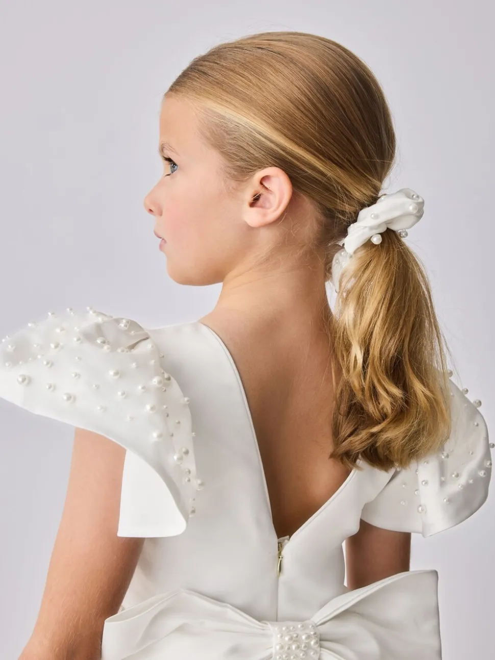 Baker by Ted Baker White Pearl Sleeve Satin Occasion Dress & Scrunchie