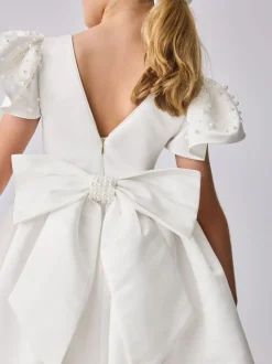Baker by Ted Baker White Pearl Sleeve Satin Occasion Dress & Scrunchie